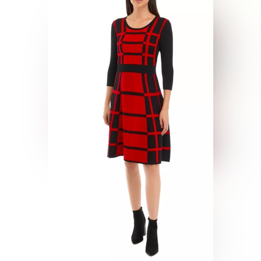 Danny & Nicole Red and Black Checkered Knit Dress Midi A-Line 3/4 Sleeve Size M